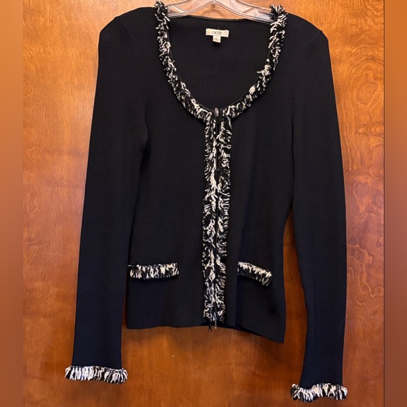 Cache Tops - Cache brand - Woman sweater zip up with stretch fringe trim cardigan size L